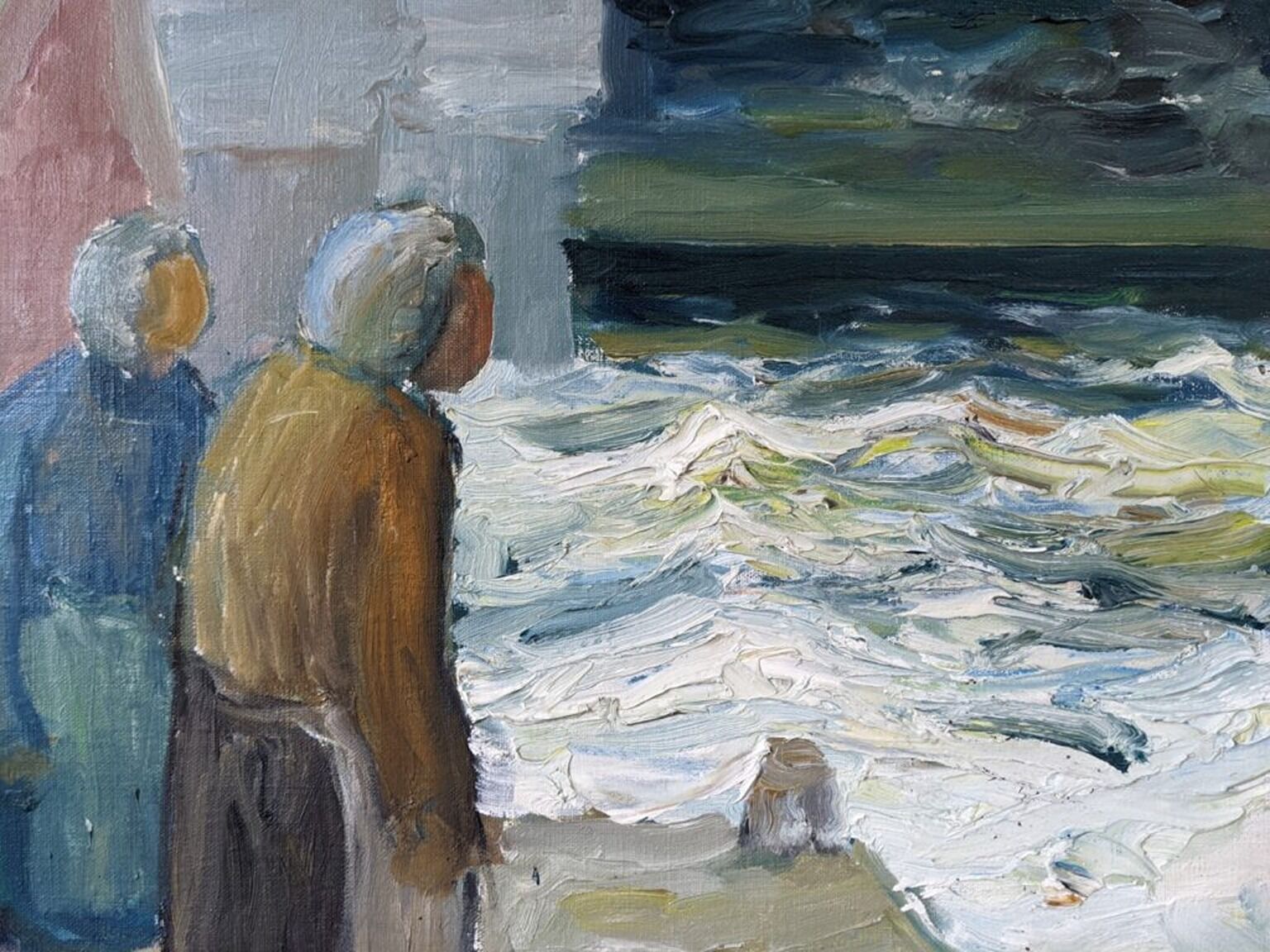 Mid-Century Modern Swedish "Watching the Storm" Vintage Expressive Seascape Oil Painting, Framed