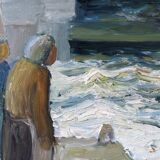 Mid-Century Modern Swedish "Watching the Storm" Vintage Expressive Seascape Oil Painting, Framed