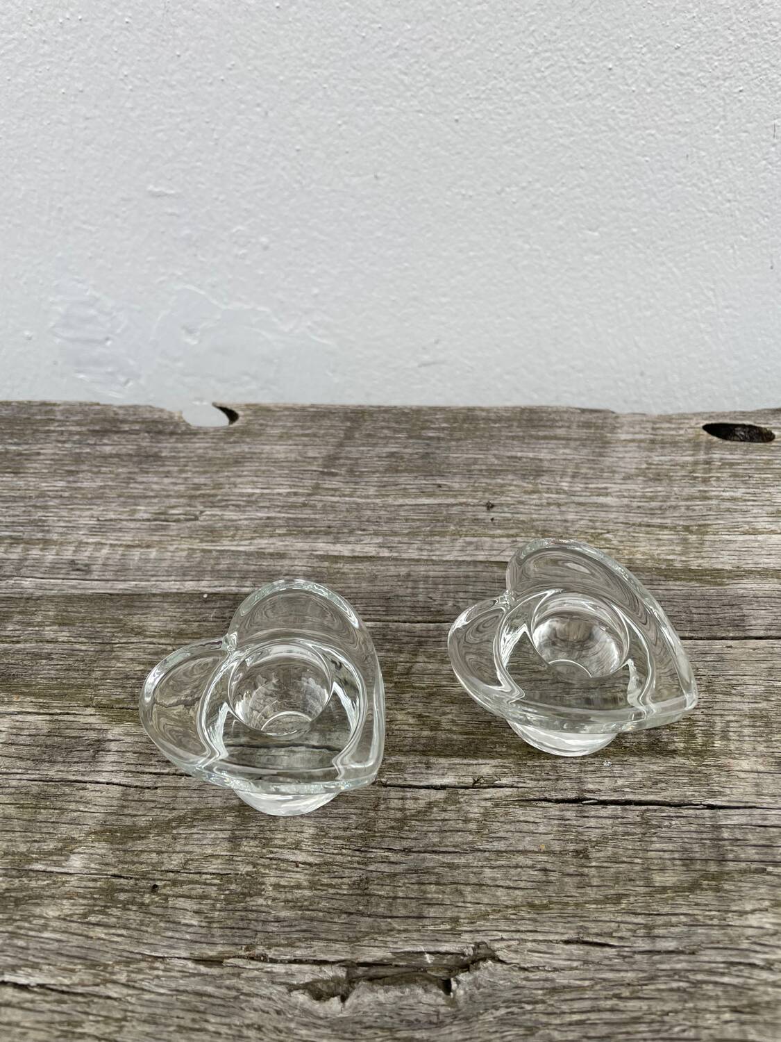 Pair of vintage glass heart candle holders