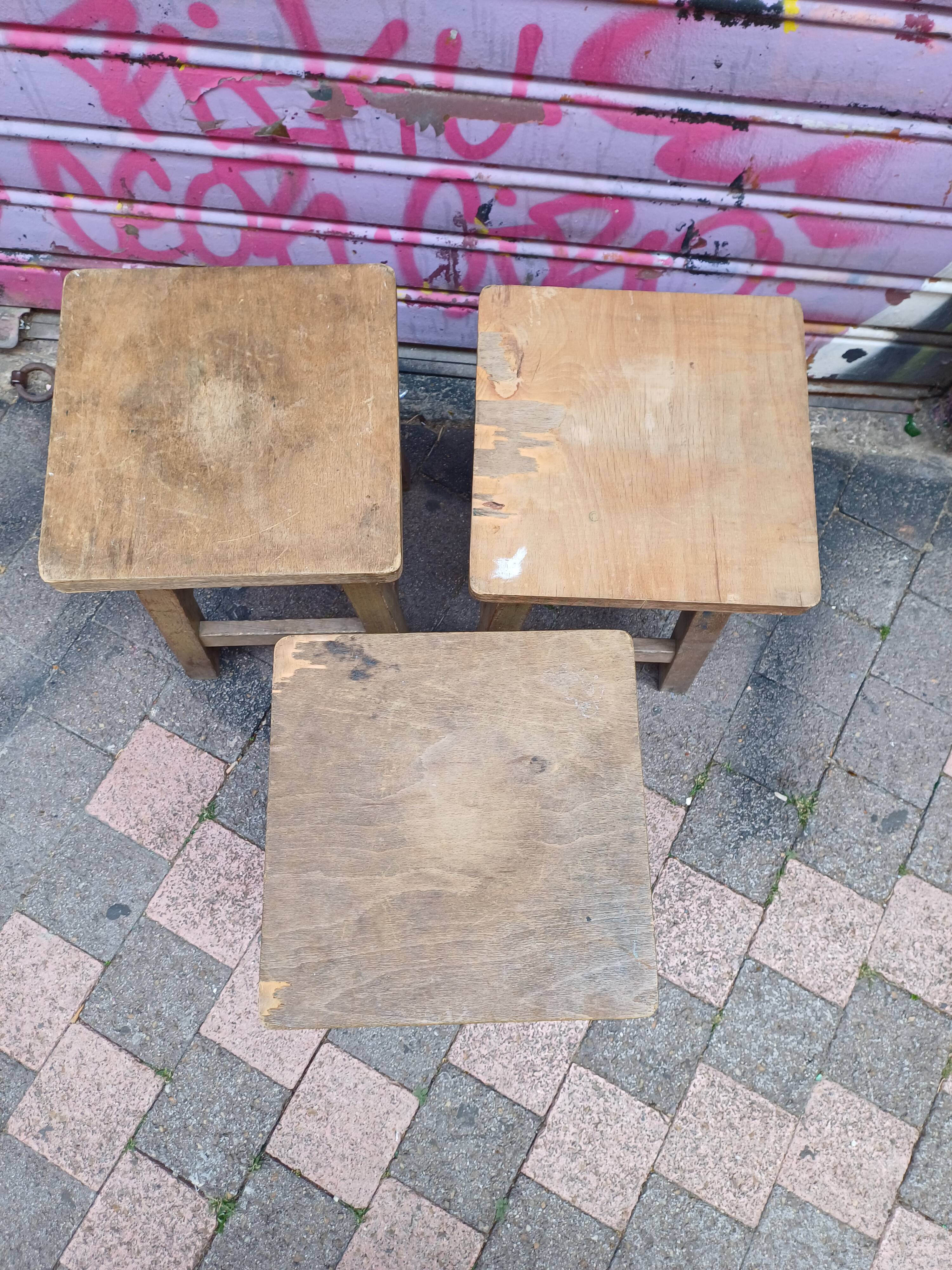 3 vintage square wooden stools