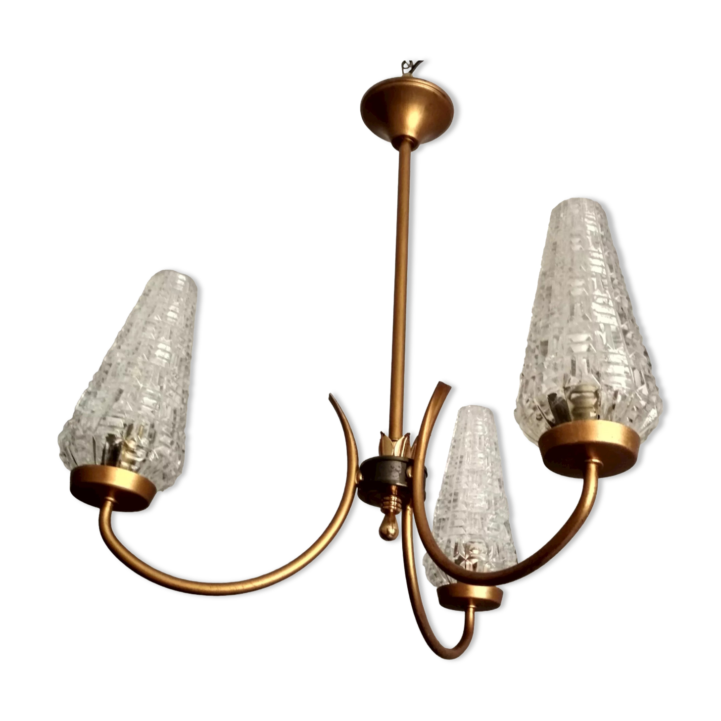 Vintage chandelier with 3 branches gilded metal and tulips