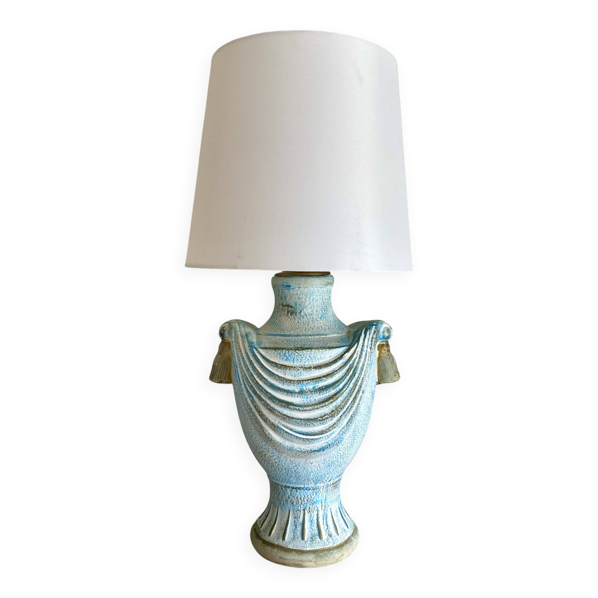 Painted plaster lamp, new 2 M fabric cable, fabric lampshade