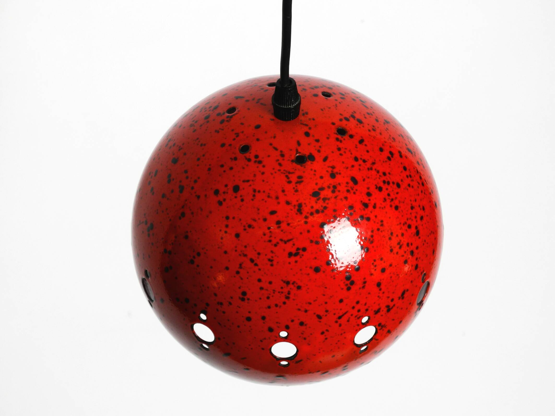 Mid Century red and black small enameled pendant lamp with original canopy