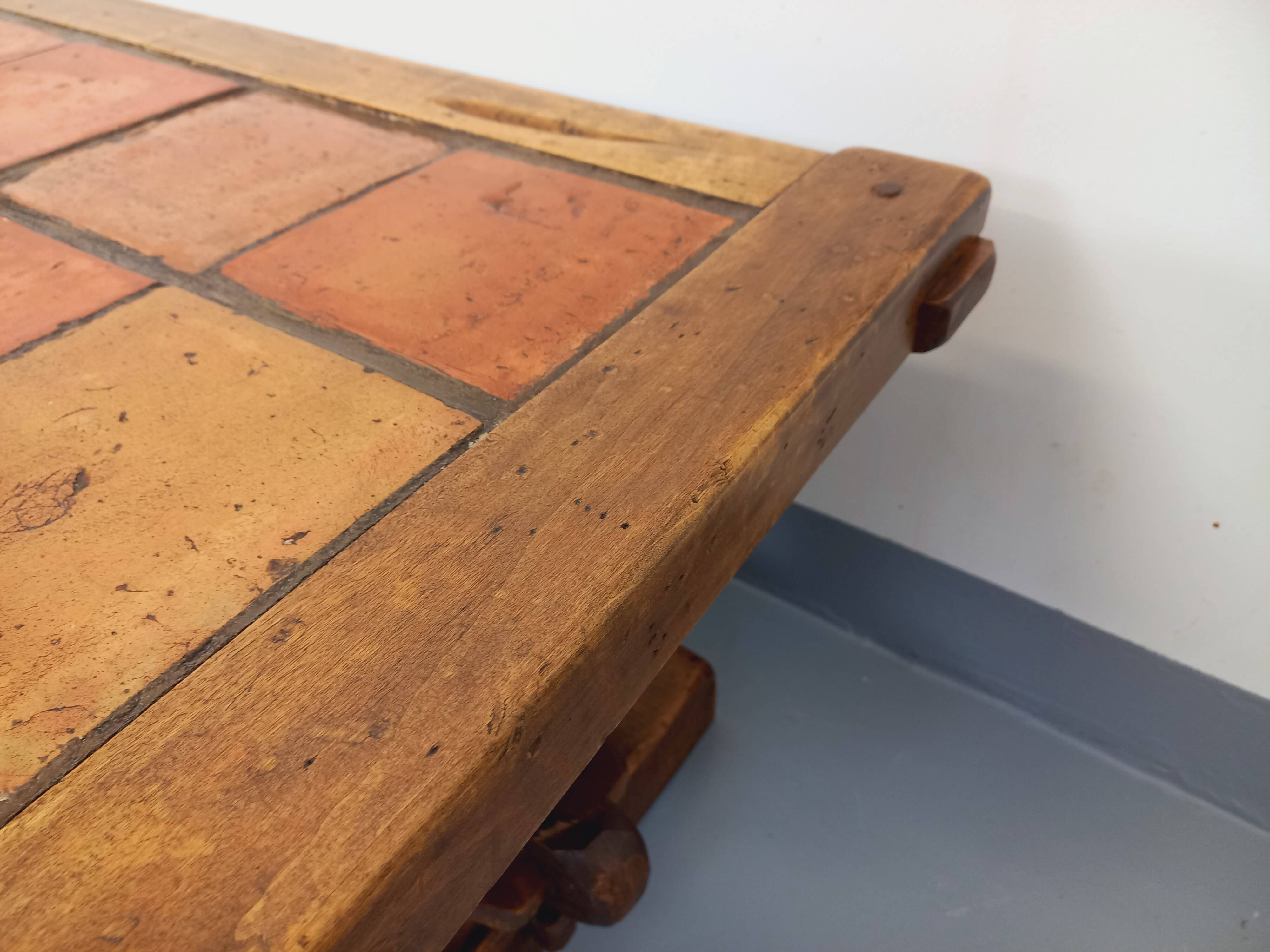Vintage Brutalist Rustic Rectangular Coffee Table in Solid Oak and Ceramic from the 60s 70s