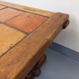 Vintage Brutalist Rustic Rectangular Coffee Table in Solid Oak and Ceramic from the 60s 70s