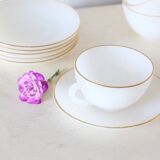 Set of 4 cups and under cups Arcopal harlequin range, white and gold, made in France