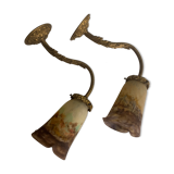 Pair of sconces, in bronze, with tulips in glass paste signed Muller Fréres Lunéville
