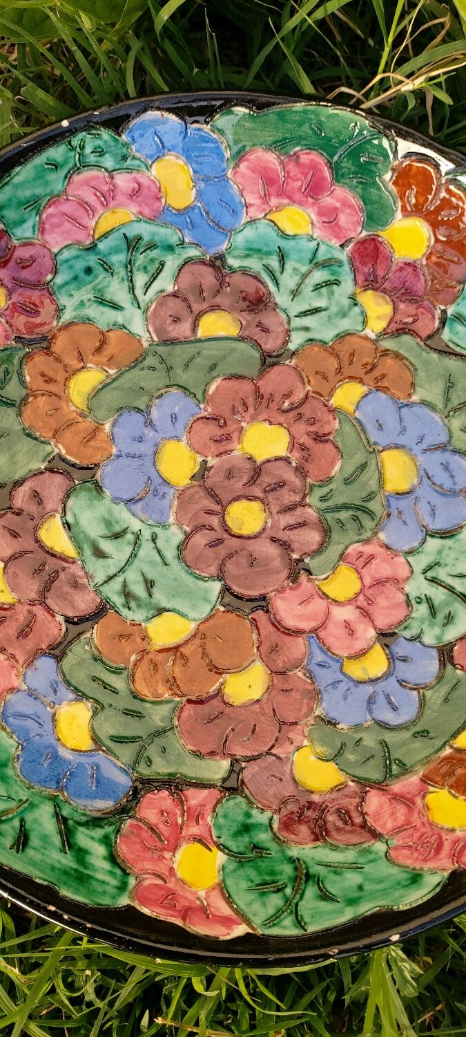 Vallauris flat Stamped numbered enamelled ?decoration of flowers