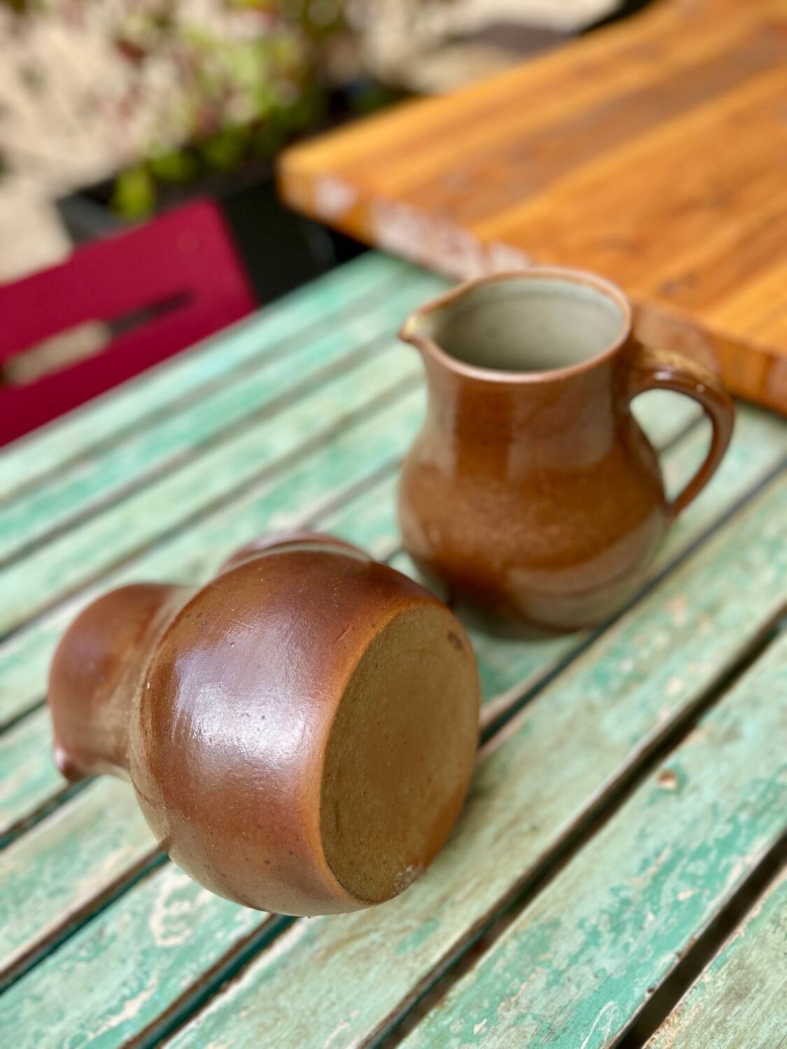 Set of 2 large vintage stoneware pitchers
