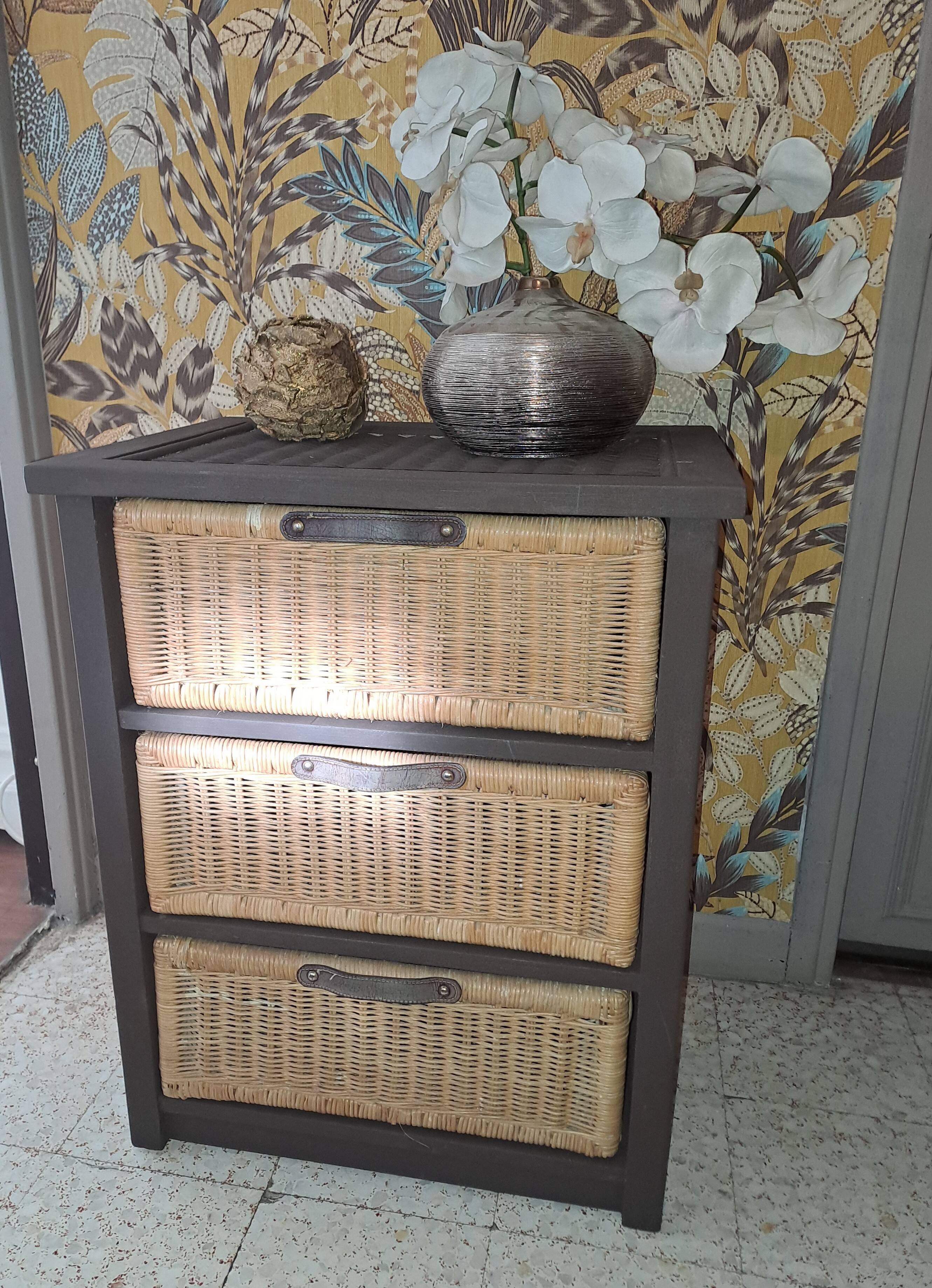 Wooden and wicker storage unit France 1980 / in dark brown repainted wood and 3 wicker drawers