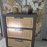Wooden and wicker storage unit France 1980 / in dark brown repainted wood and 3 wicker drawers