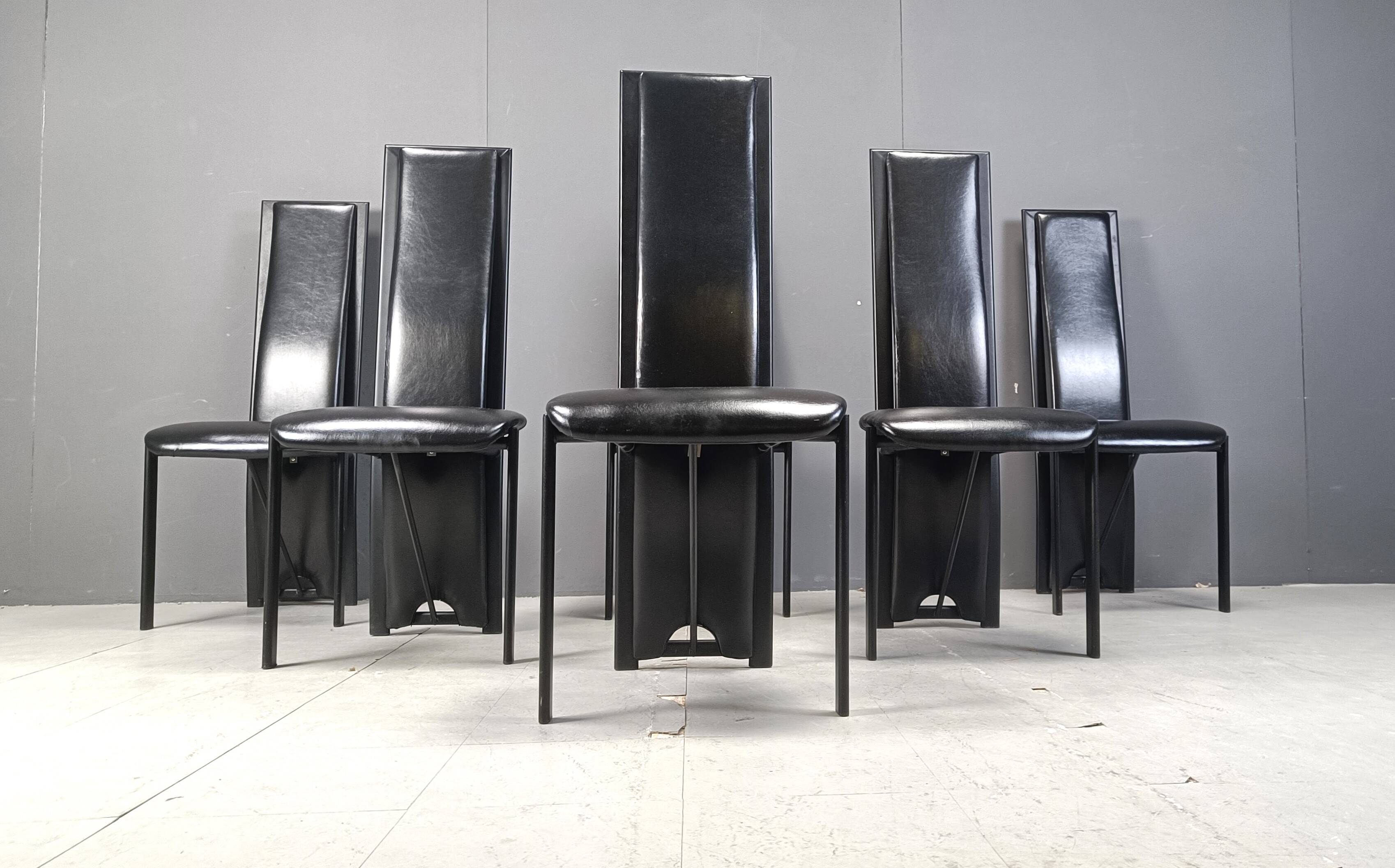 Chaises de salle à manger hautes en cuir noir vintage, lot de 6, années 1980