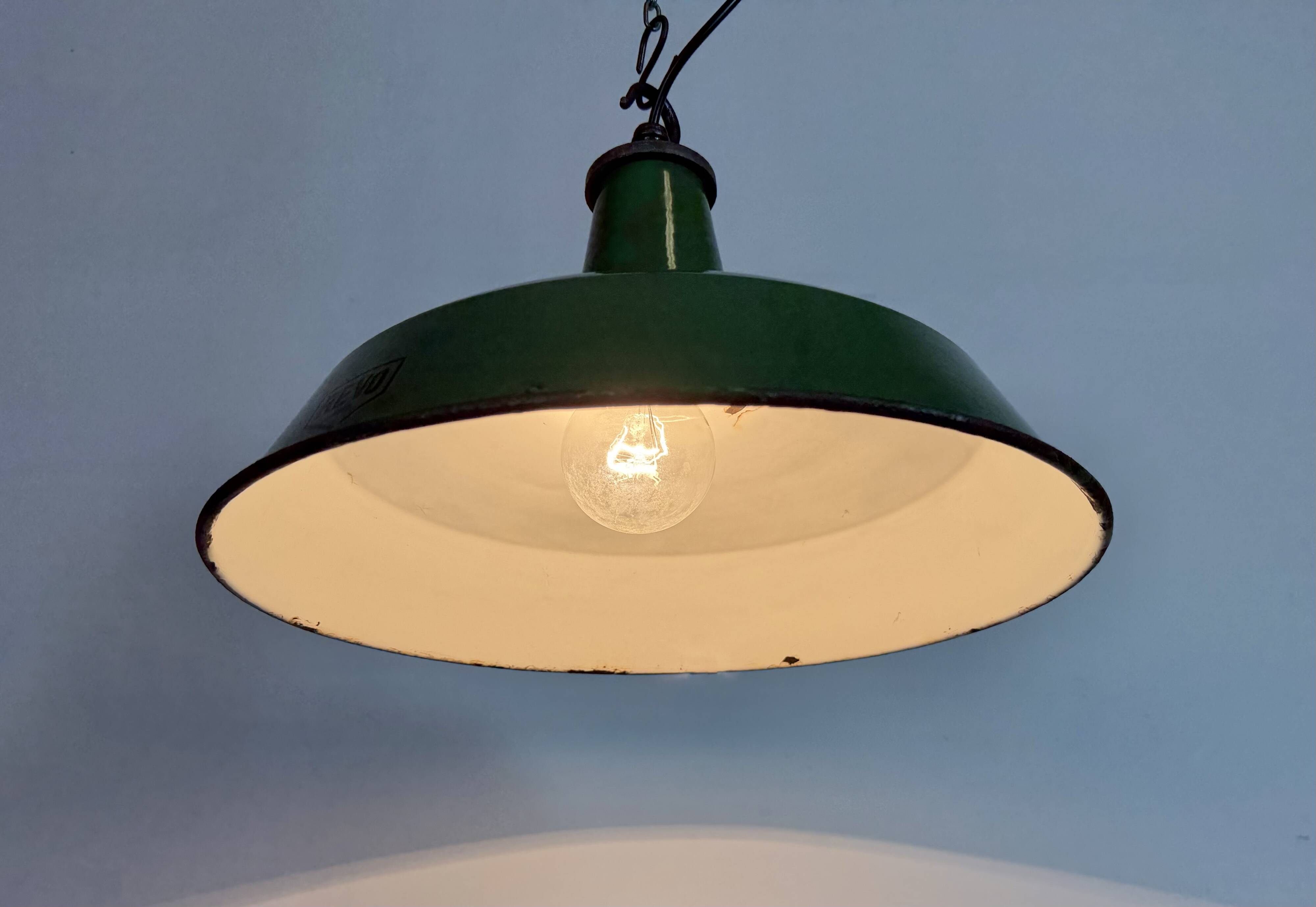 Industrial Green Enamel Factory Pendant Lamp from Revo, 1950s