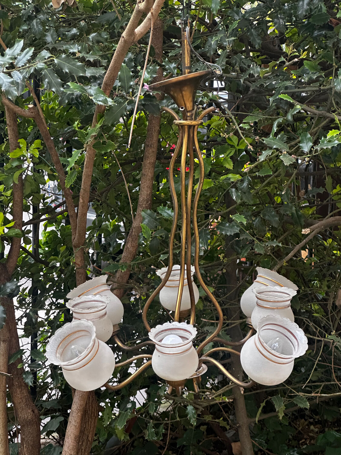 Vintage Lustre Brass and Frosted Glass with White and Gold Large Grains 8 Lights