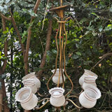 Vintage Lustre Brass and Frosted Glass with White and Gold Large Grains 8 Lights