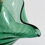 Green blown glass pitcher, unique twisted design