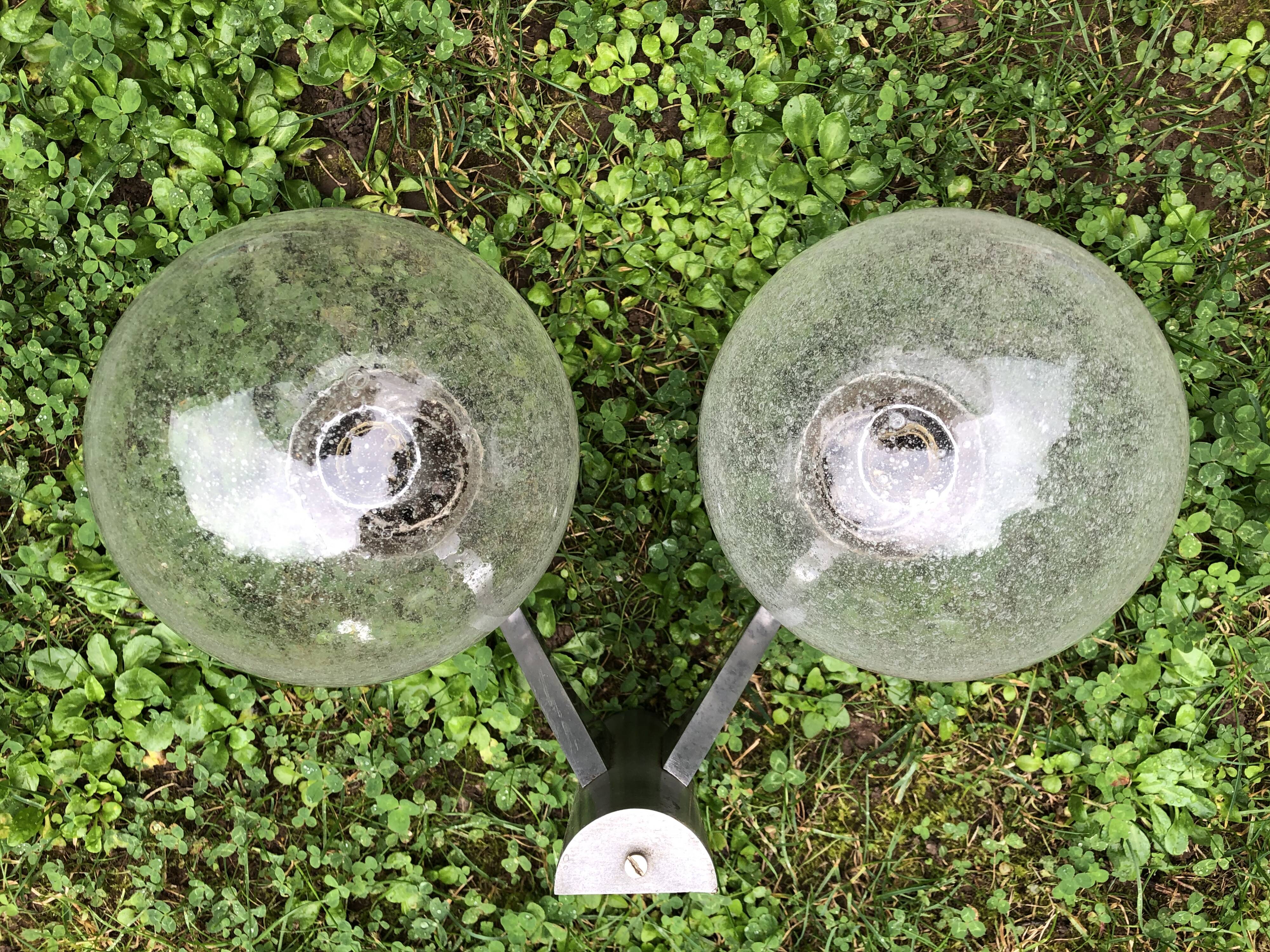 Paire double appliques murales 1970 alu brosse et verre soufflé