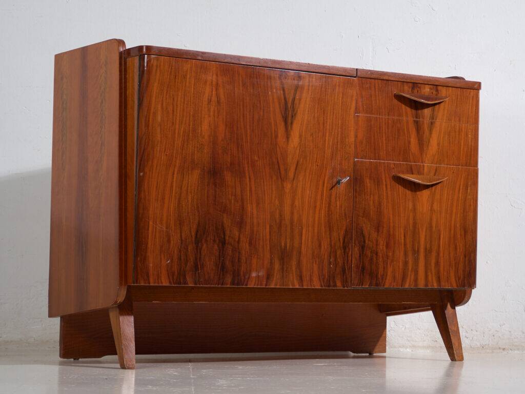 Mid-century walnut veneer sideboard with triangular handles – Czechoslovakia, circa 1960