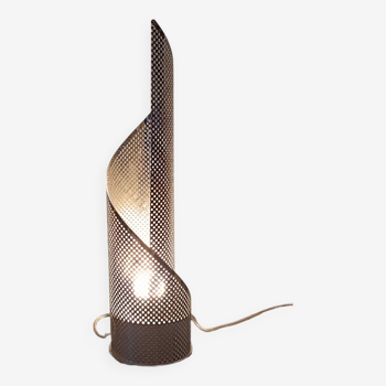Post modern lamp with perforated and chrome metal ribbon