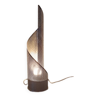 Post modern lamp with perforated and chrome metal ribbon