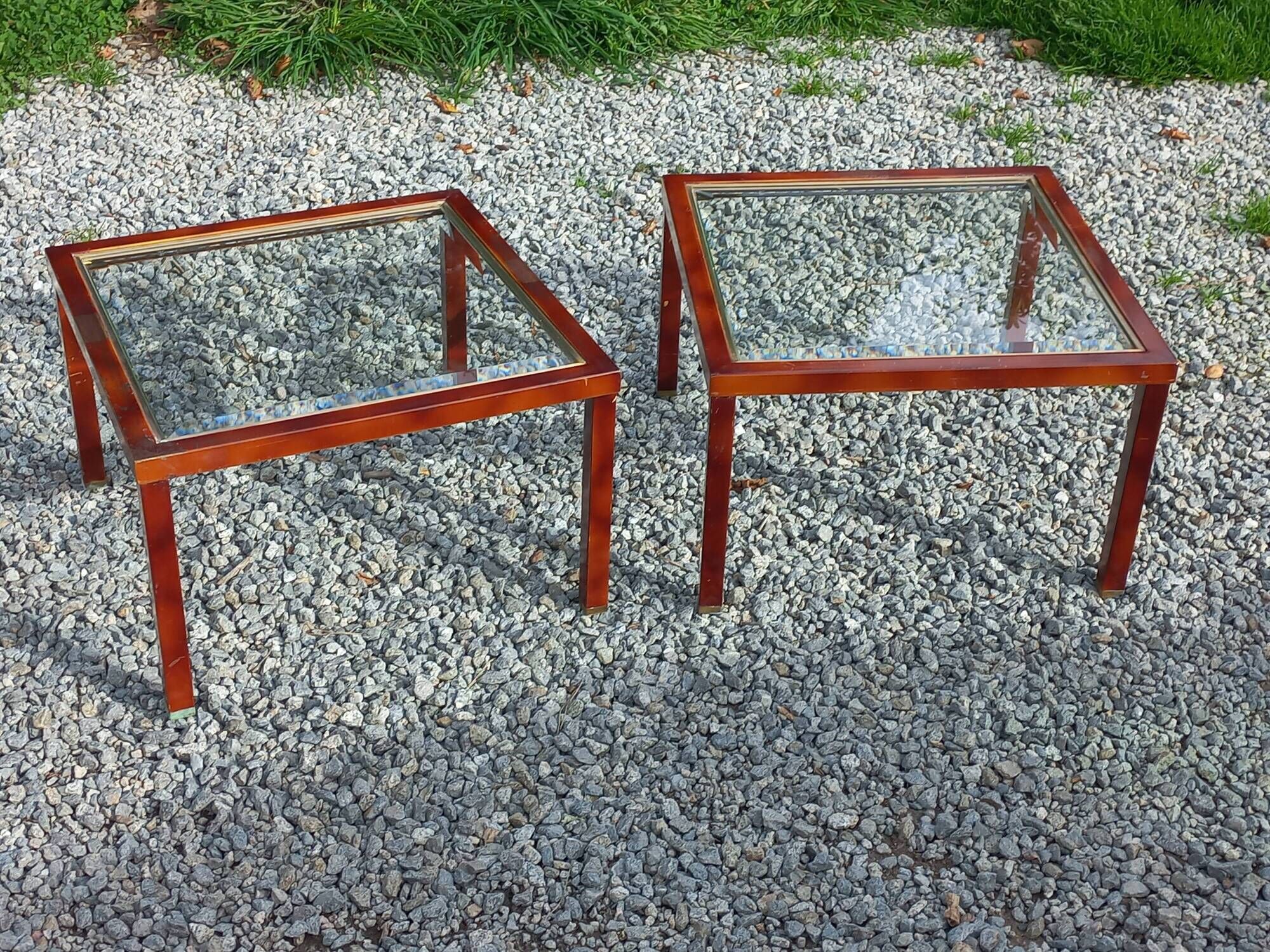 Pair of 1970s side tables in lacquered brass and glass