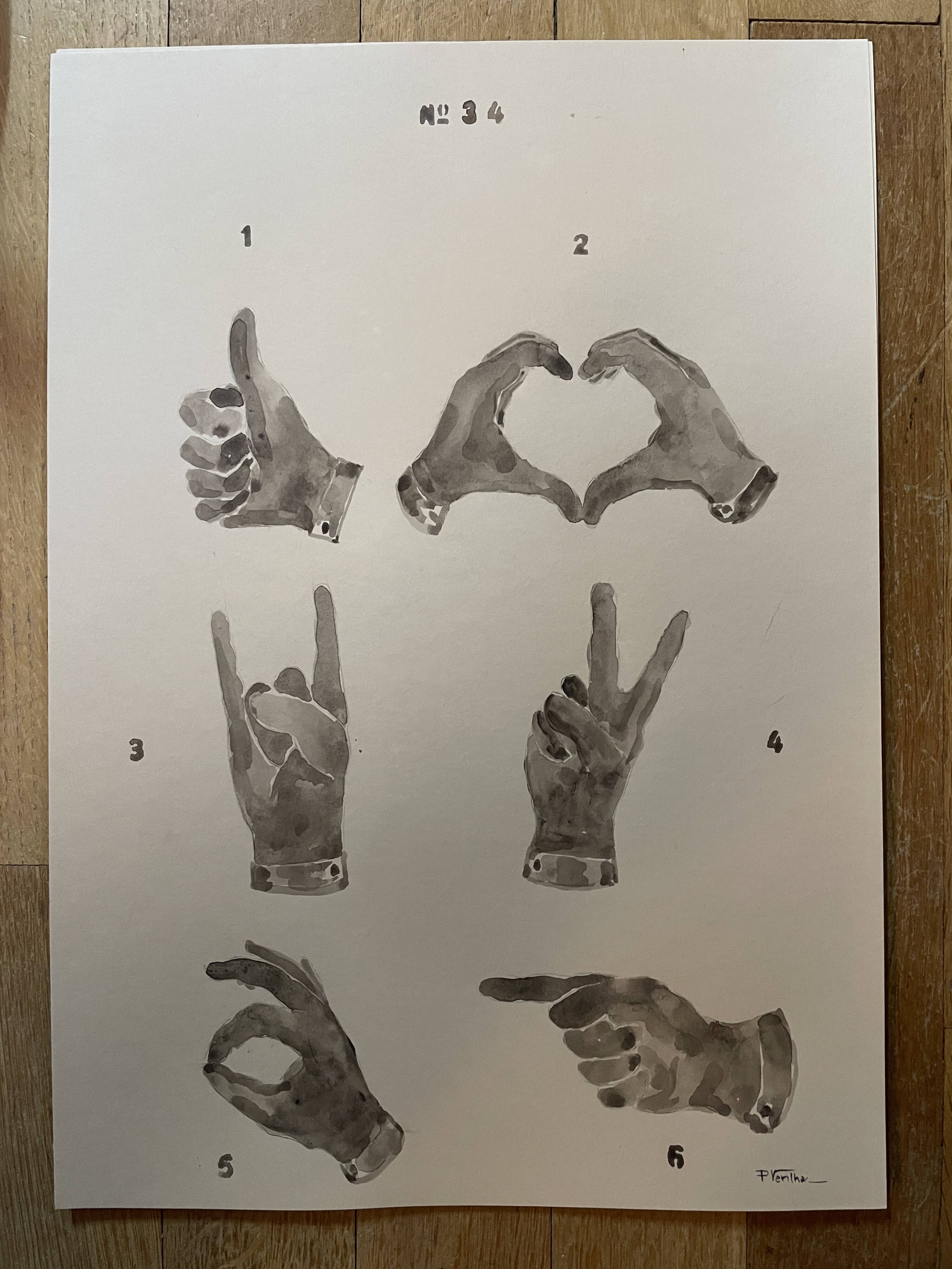 Signed painting monochrome watercolor sepia hand signs "gloves store poster"