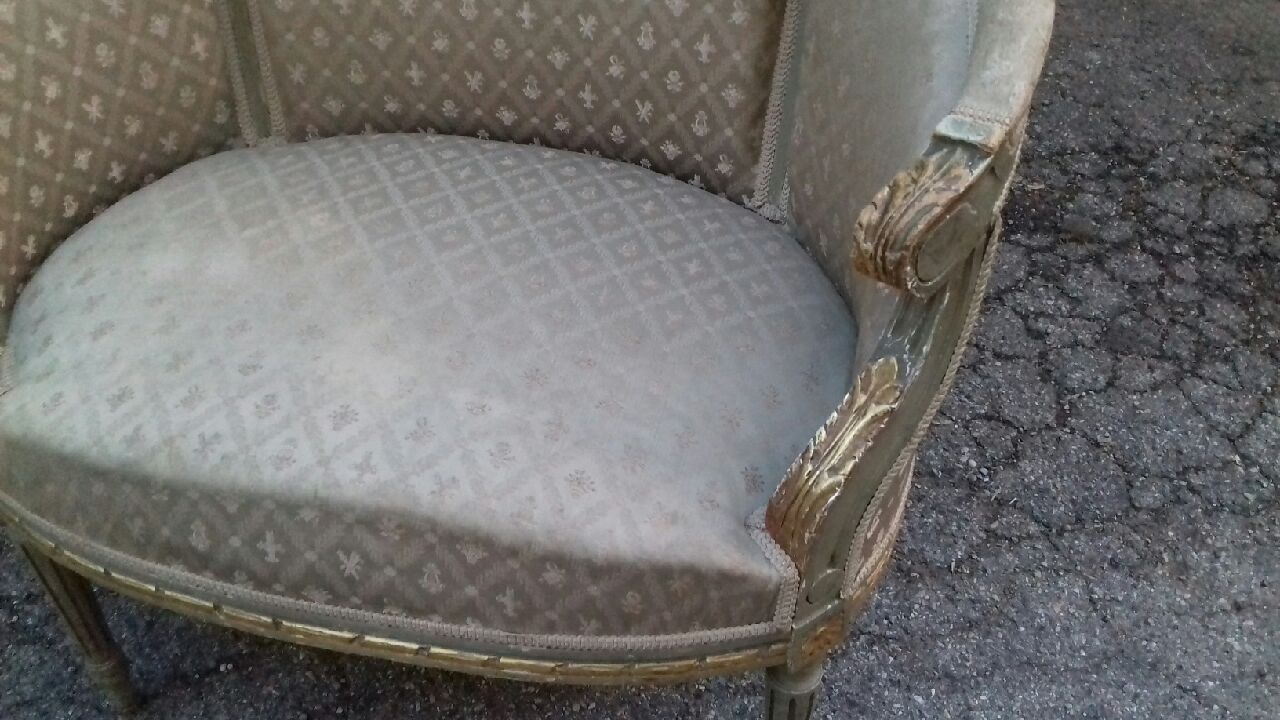 Golden lounge two armchairs and a gondola-shaped sofa and a pair of Louis XVI chairs