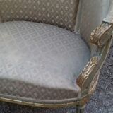 Golden lounge two armchairs and a gondola-shaped sofa and a pair of Louis XVI chairs