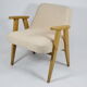 Fauteuil original 366 designer J.Chierowski années 1960, beige, bois de chêne