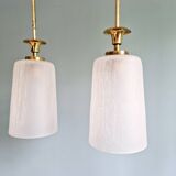 Pair of Mid Century Pendant Lights in Brass and Clear Crackle Glass, 1950s