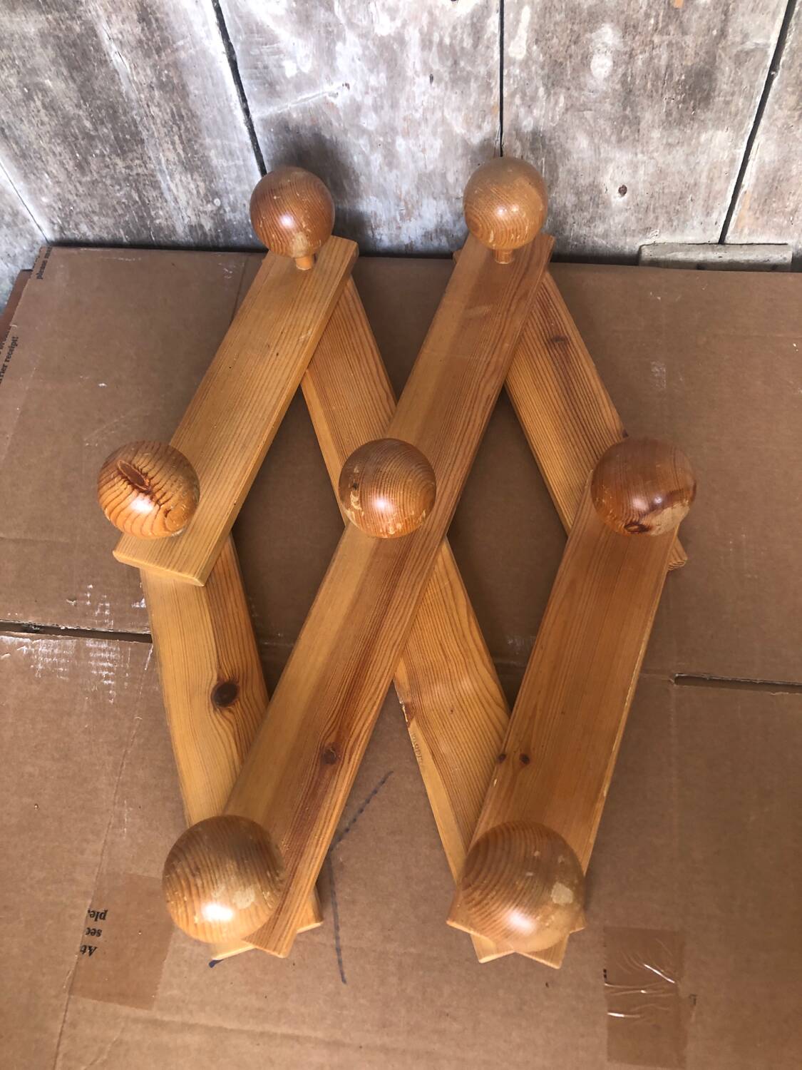 Old Extensible Wall Coat Rack x7 Vintage Wooden Ball Hooks #A704