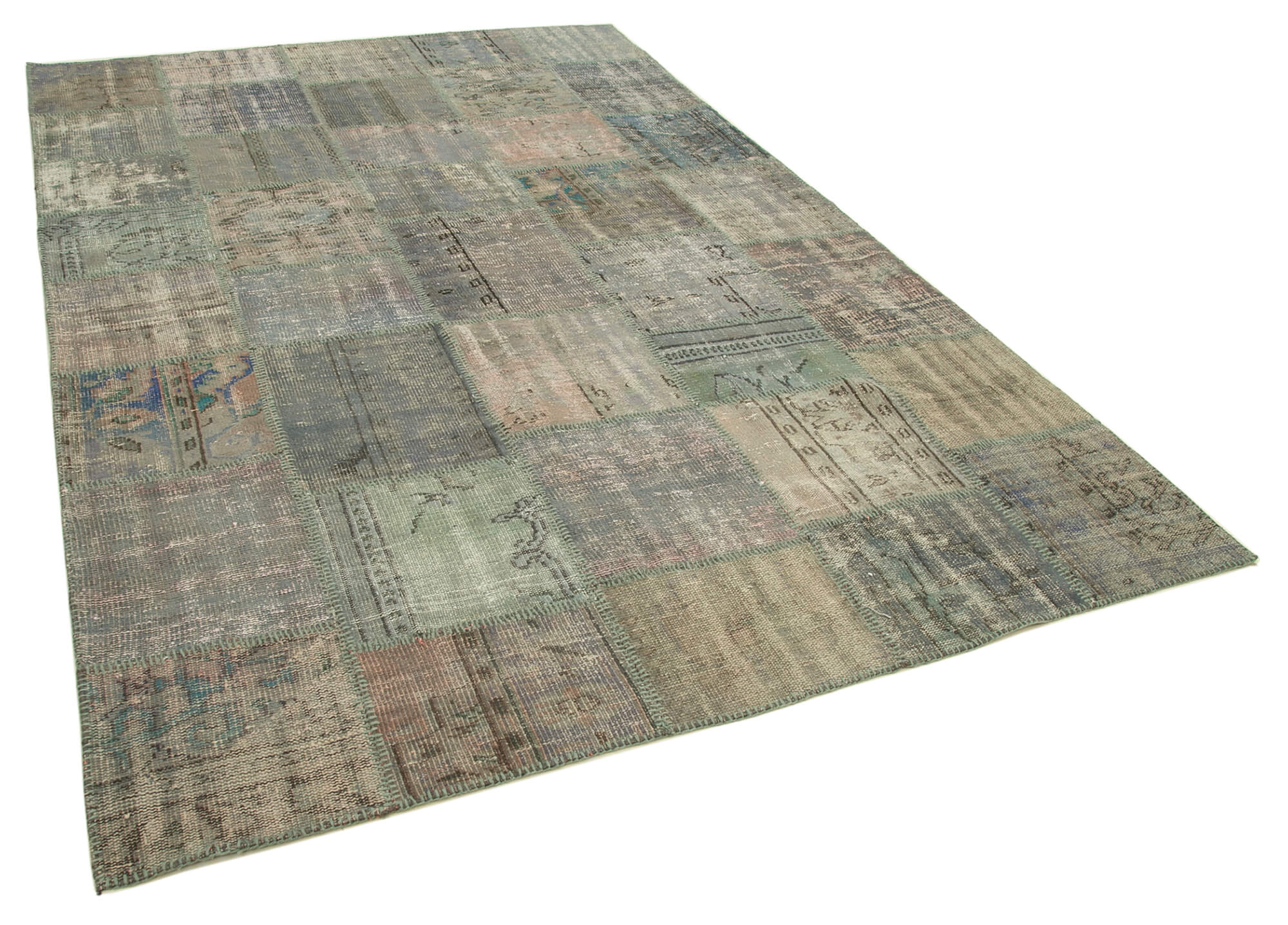 Handmade anatolian overdyed 197 cm x 298 cm grey patchwork carpet