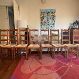 Set of 8 varnished oak chairs with straw seats