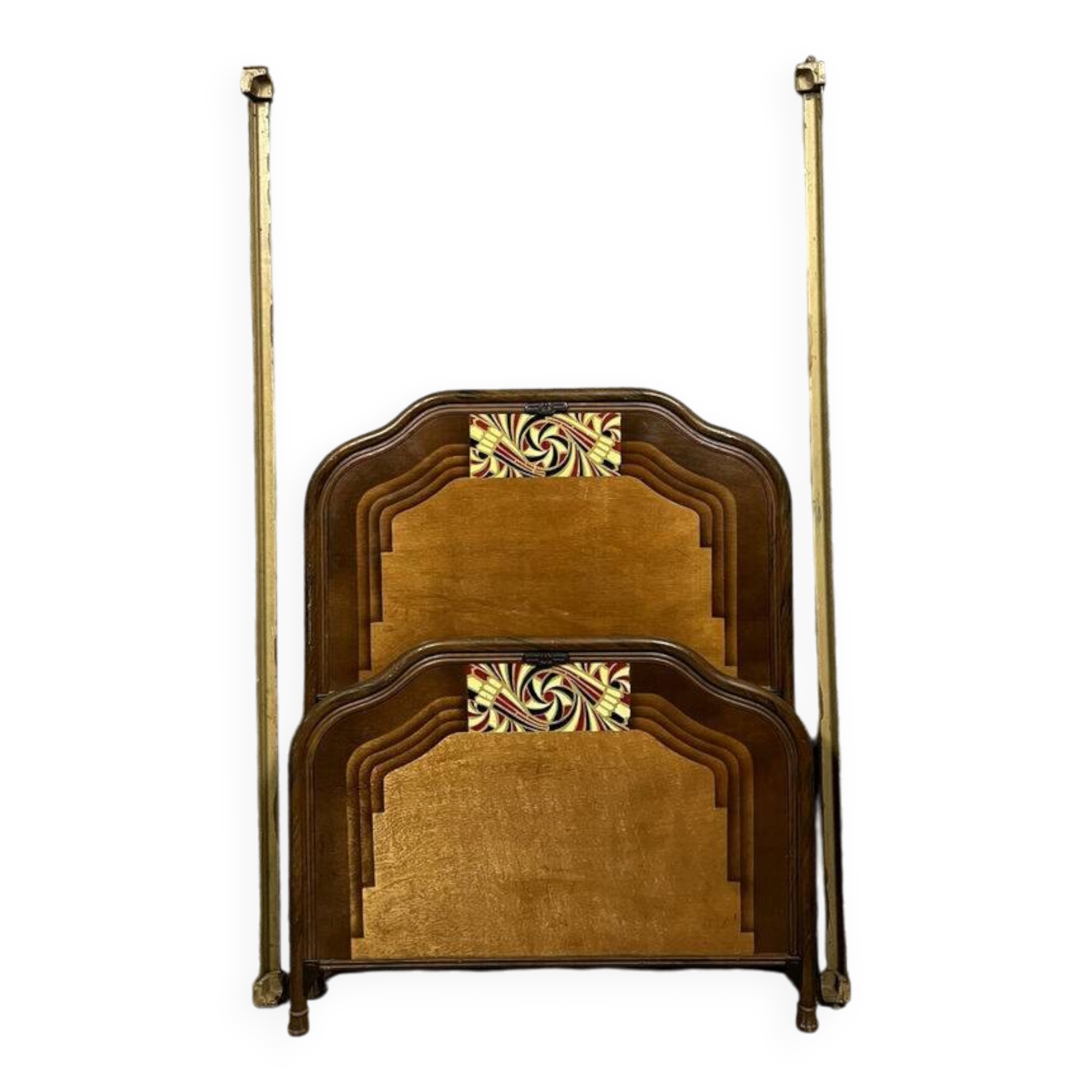 Art Nouveau period bed in painted iron faux wood with stylized colored patterns