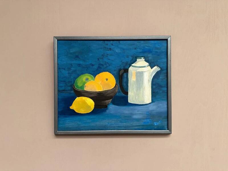 Oil on canvas "Still life with fruits and bottle" by S. Catchings, framed 50×41cm