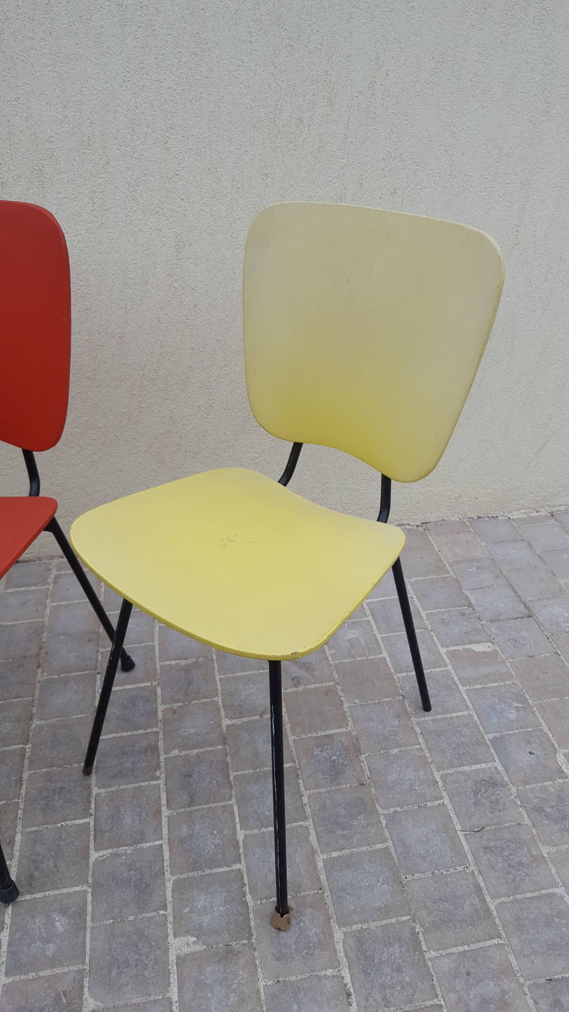 4 vintage metal tubular feet chairs, vinyl seating, skai