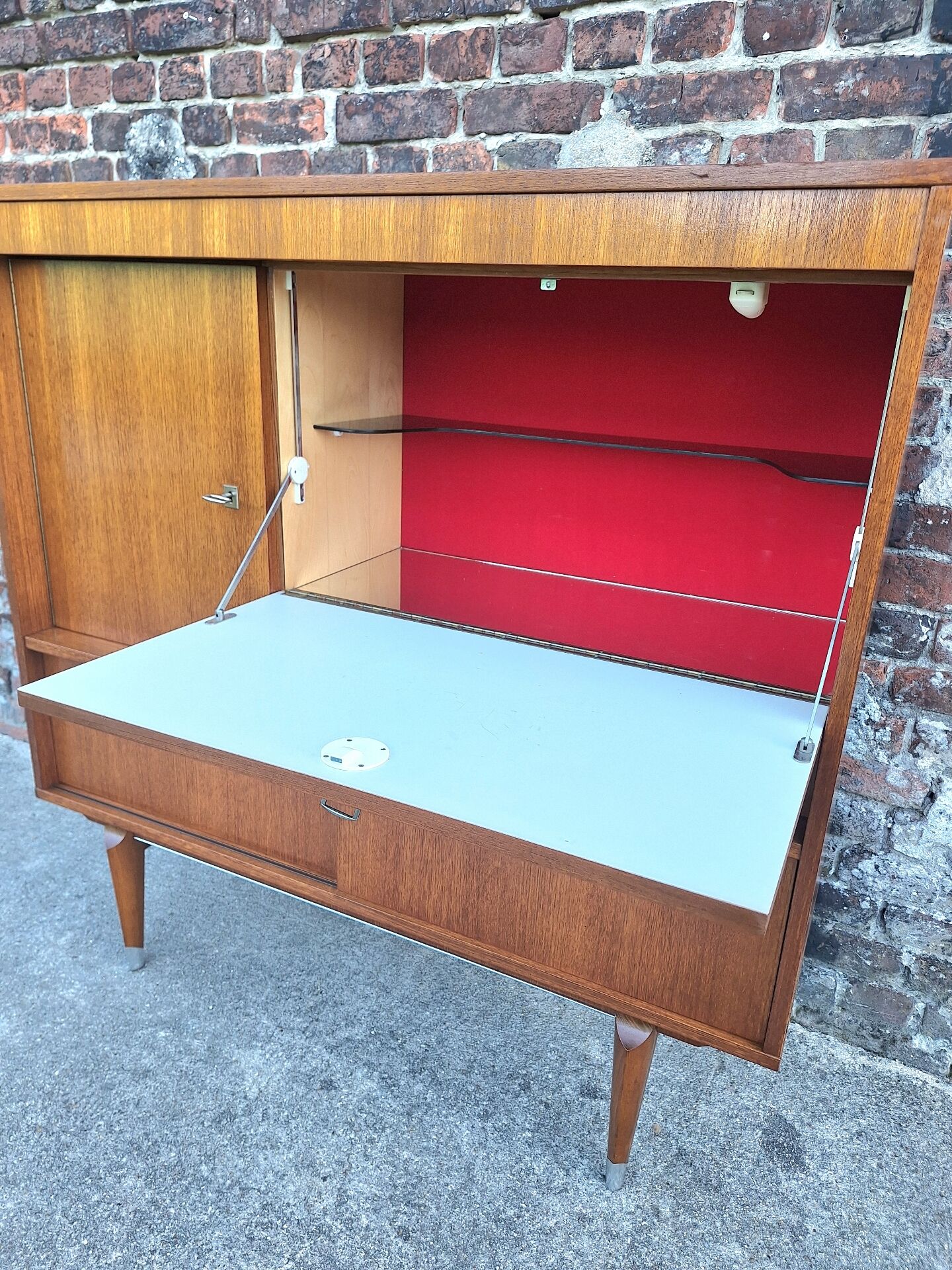 Vintage teak secretary, bar cabinet, sideboard, desk.