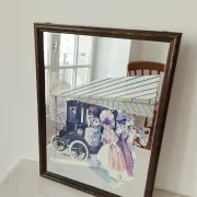 Vintage 1960s mirror - Retro "Belle Époque" scene - Wooden frame