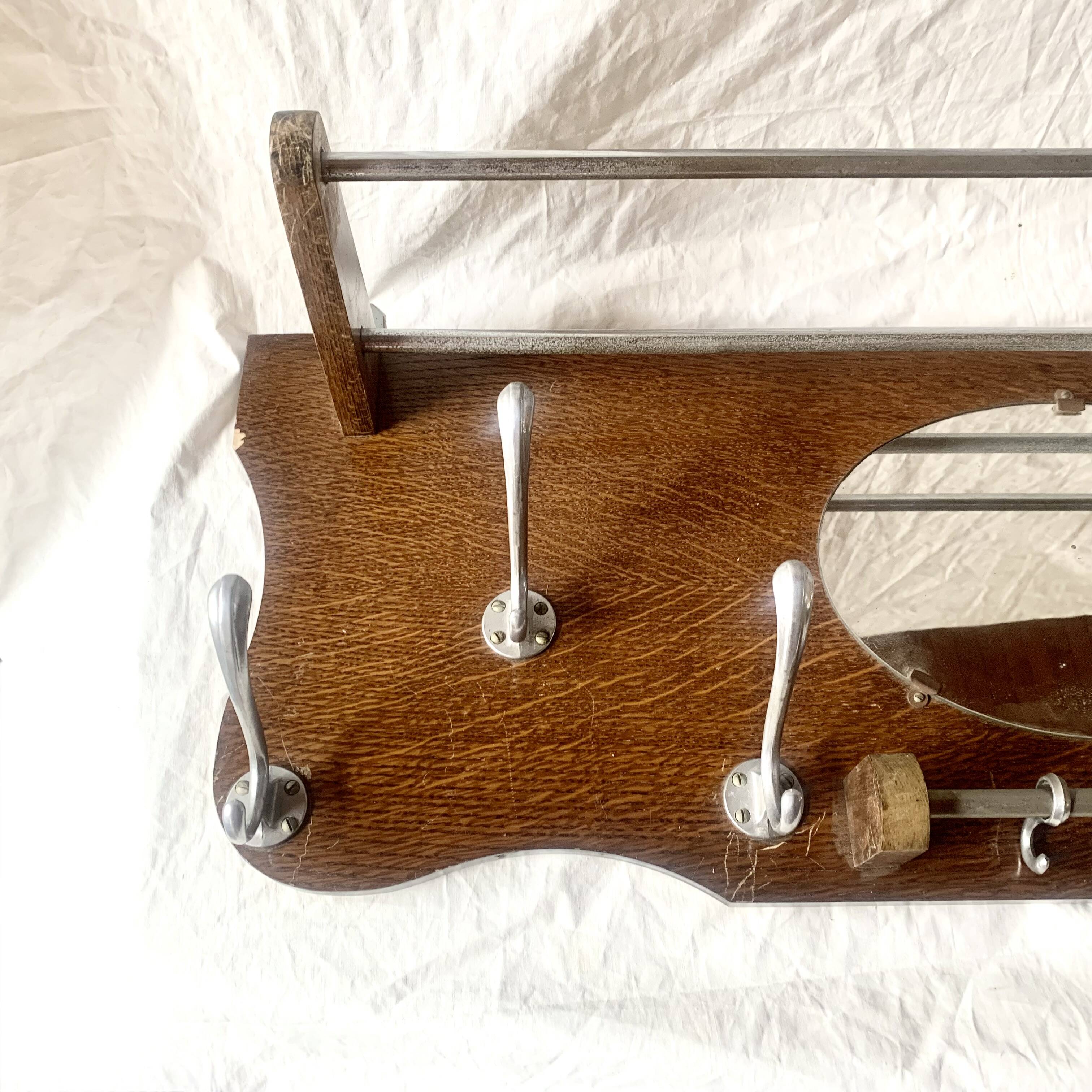 Large Art Deco wooden wall coat rack with mirror and hat rack