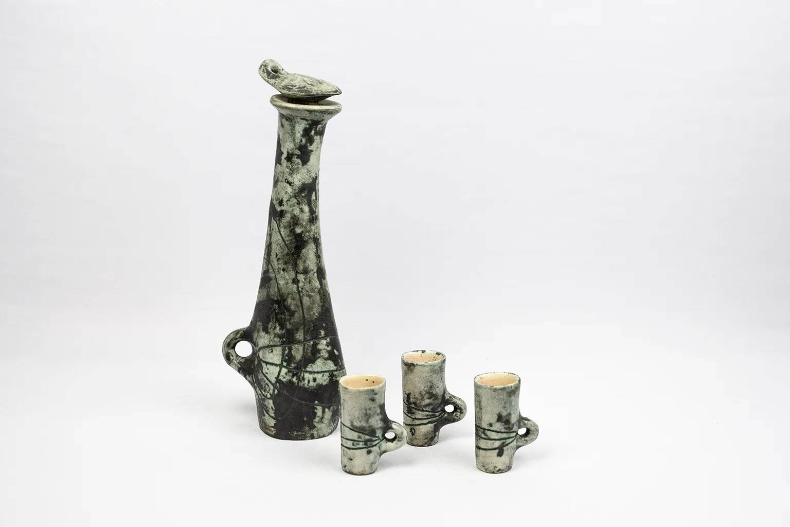Carafe and its 3 liqueur glasses in glazed ceramic by Jacques Blin