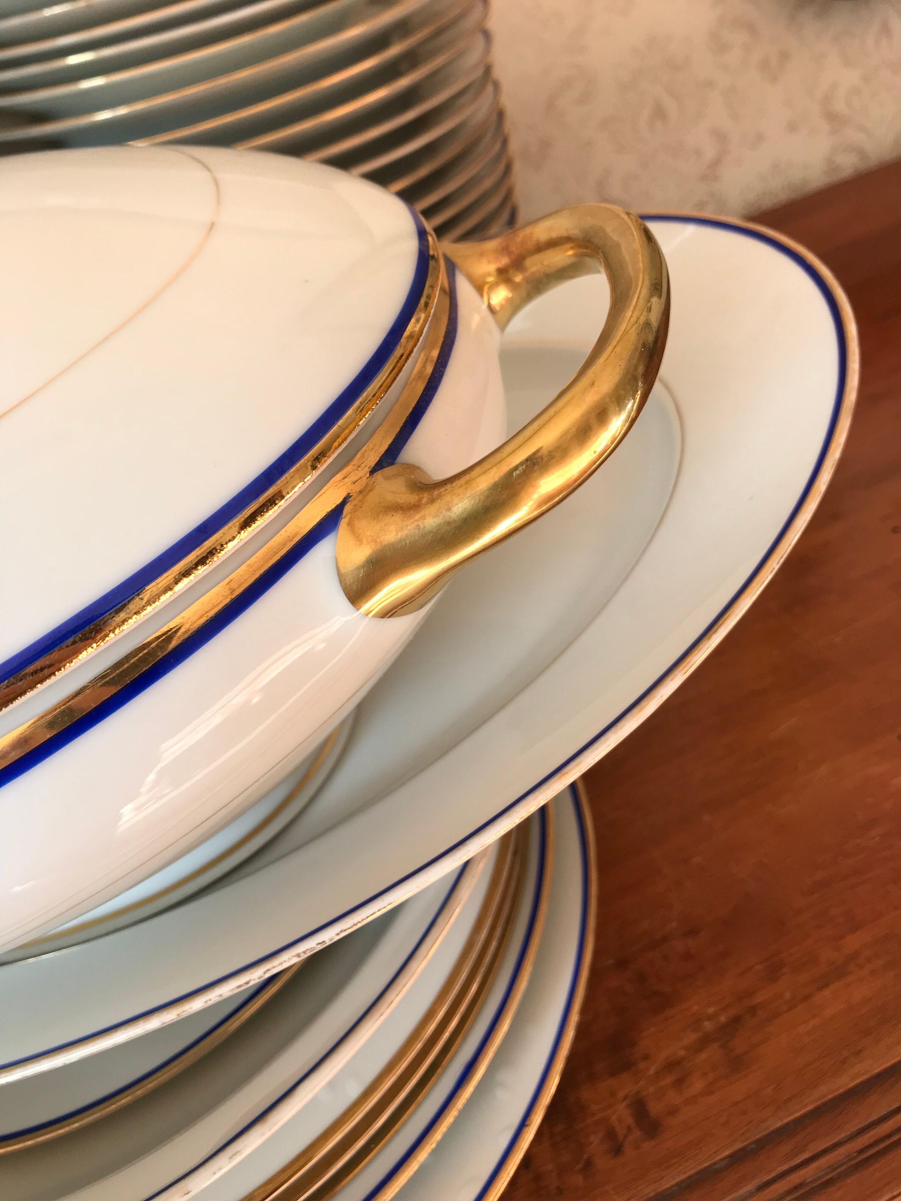 table service art deco limoges porcelain white border blue and gold 61 pieces signed