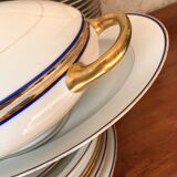 table service art deco limoges porcelain white border blue and gold 61 pieces signed
