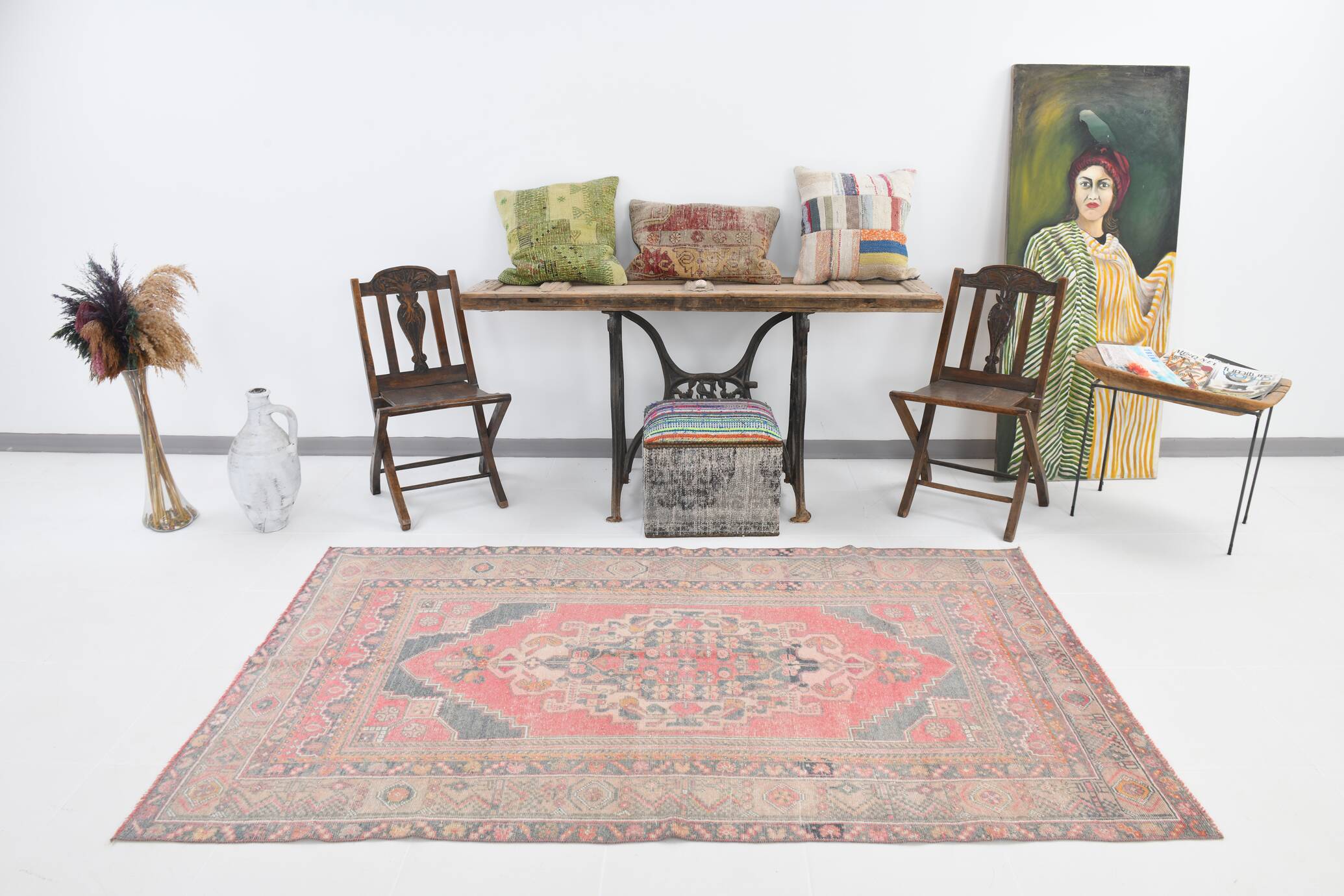 4x7 Red Navy Blue Handmade Turkish Rug, 132x228Cm SK 20526