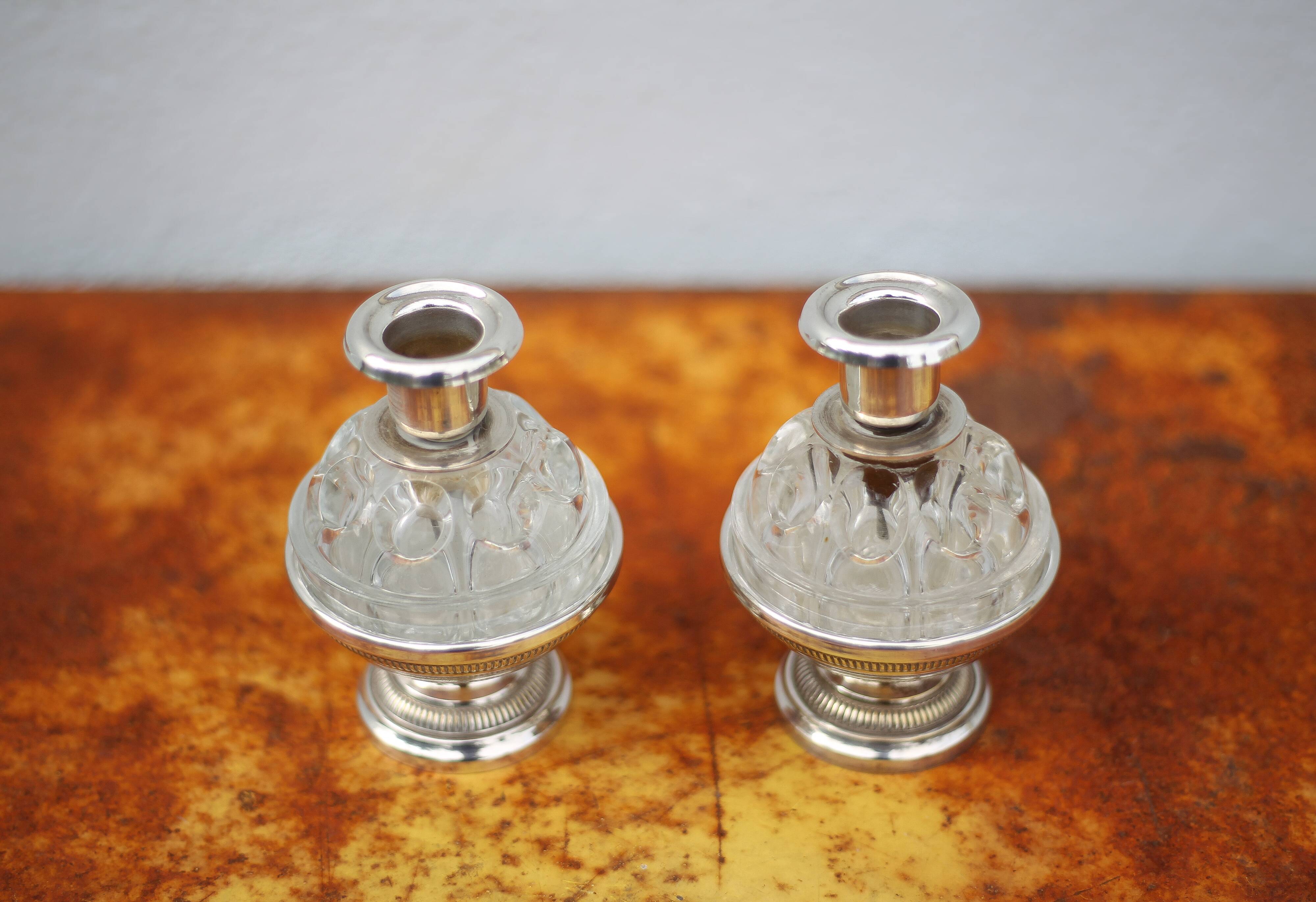 Pair of vintage silver metal flower vase candle holders, silver metal candle holder, table decoration