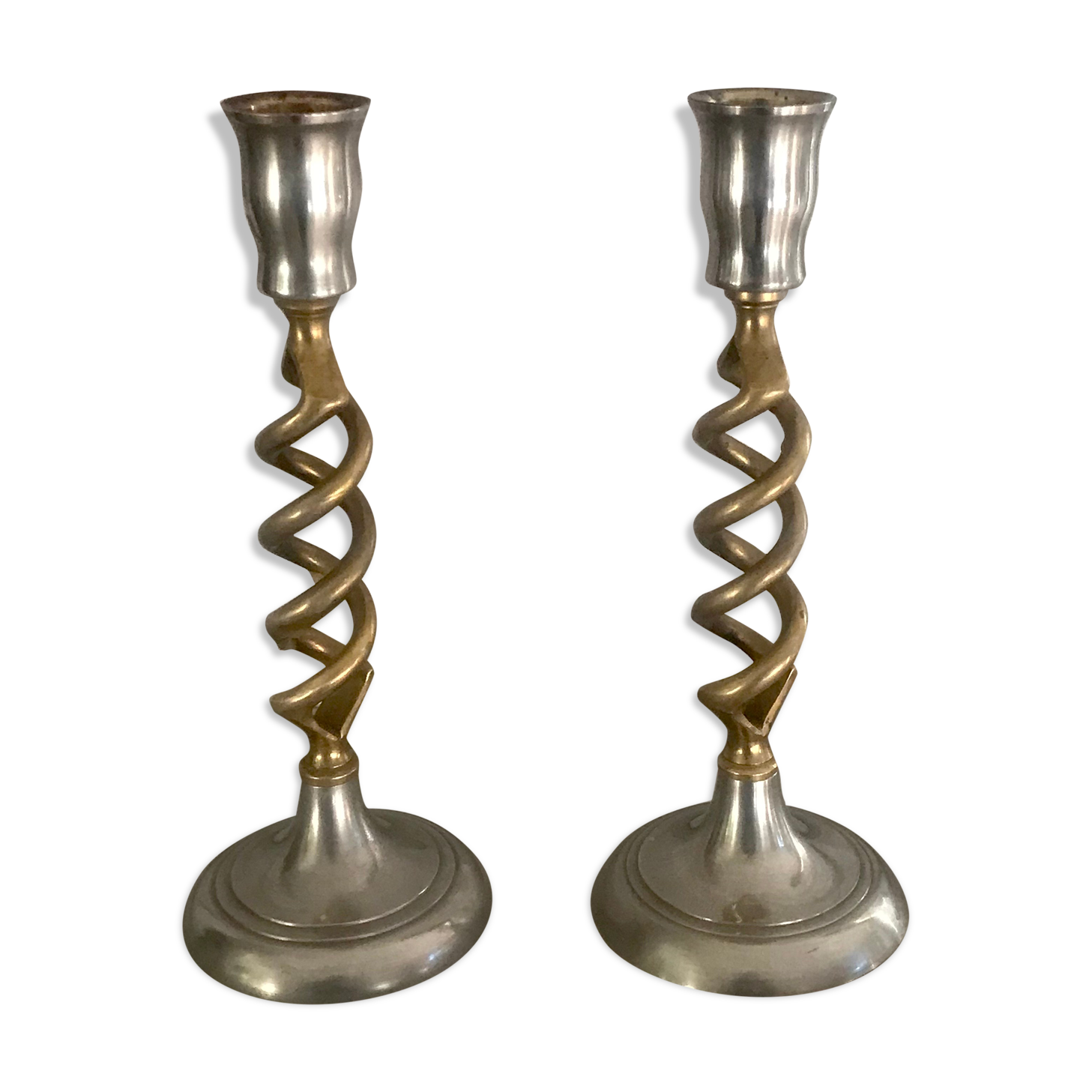 Pair of twisted brass candle holders