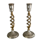 Pair of twisted brass candle holders