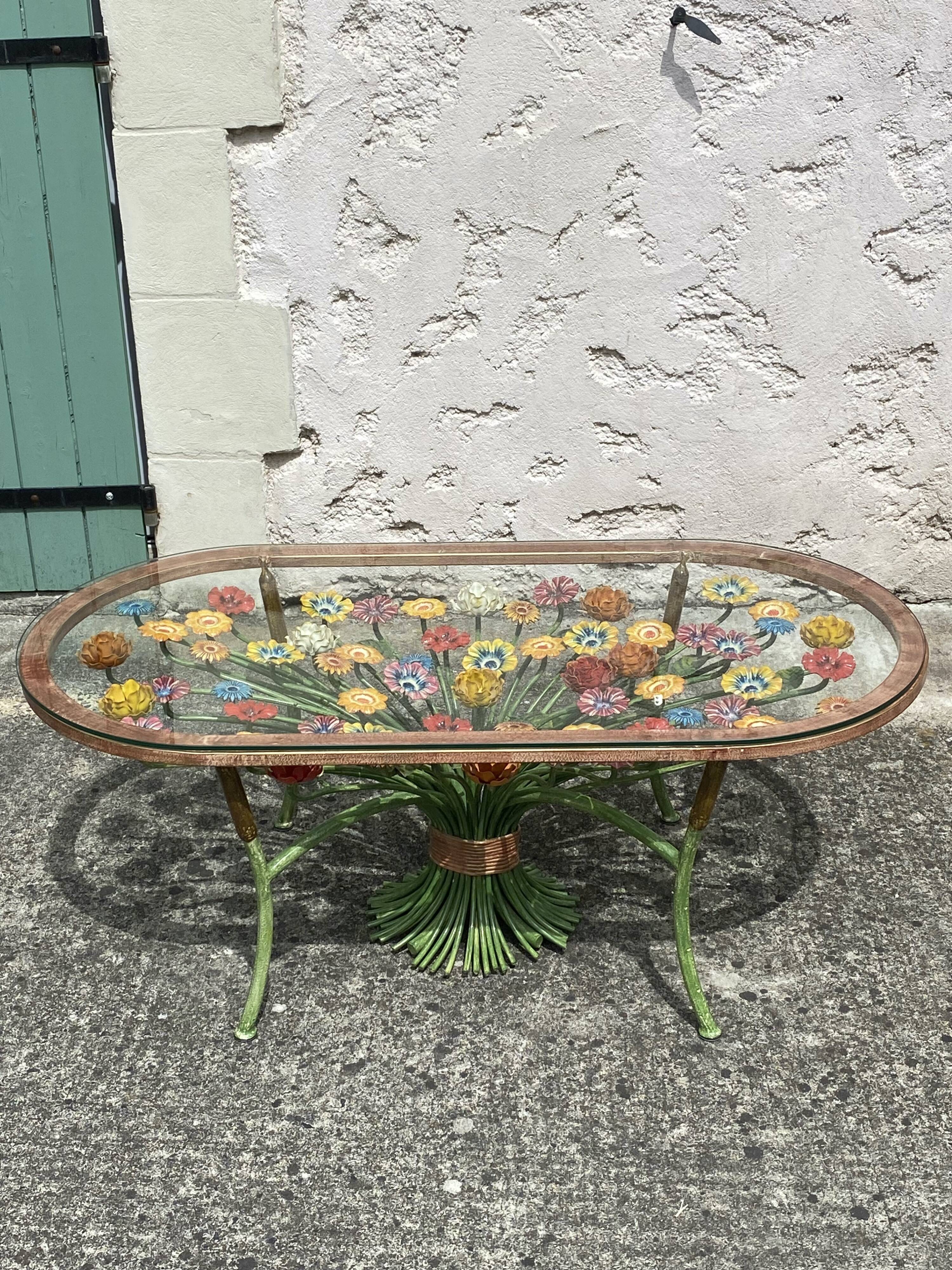 Wrought iron coffee table in colorful flowers