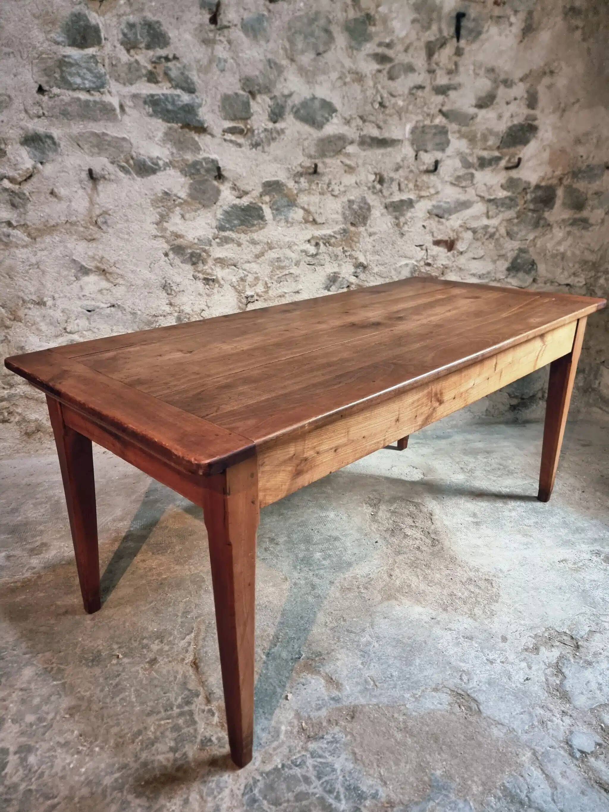 Antique French Farmhouse Table | 19th Century Cherry Wood Table with Drawer and Extension | 1880–1900 Rustic Kitchen