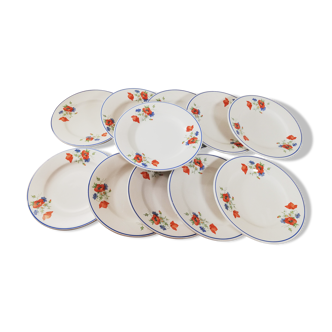 Set of 11 dessert plates by Salins, Coquelicots pattern, in opaline, Vintage