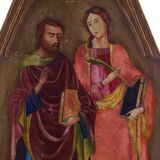 Peinture à la détrempe ancienne sur panneau avec des saints, 19ème siècle